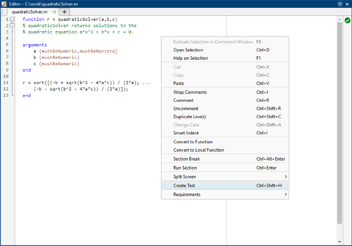 Selecting the Create Test option for the quadraticSolver function