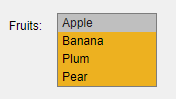 List box labeled "Fruits:". The component is orange and the selected item is "Apple". The other items are "Banana", "Plum", and "Pear".