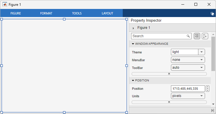 Empty figure and Property Inspector displaying the figure's properties