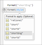 Partially completed call to the format function with a list of suggested values for the style argument