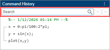 Command History panel with the Search box, Find previous, and Find next buttons outlines in red