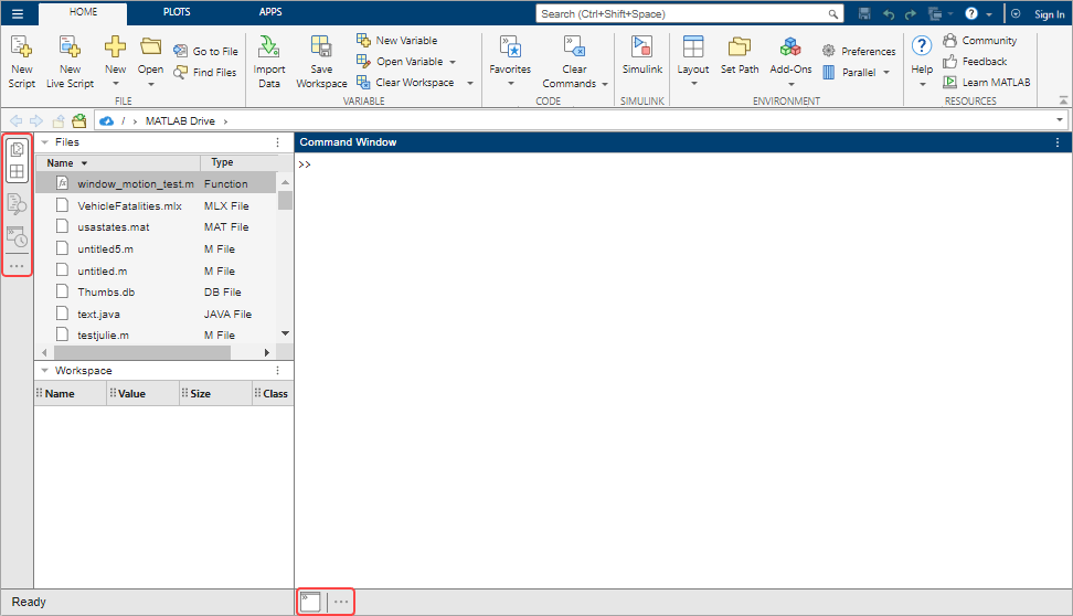 MATLAB Online desktop showing the left sidebar containing four tool icons, two of which are grouped together and enabled, and the bottom sidebar containing one tool icon for the Command Window. The Command Window is open above the bottom sidebar. The Files panel and the Workspace panel are open on the left side of the desktop.