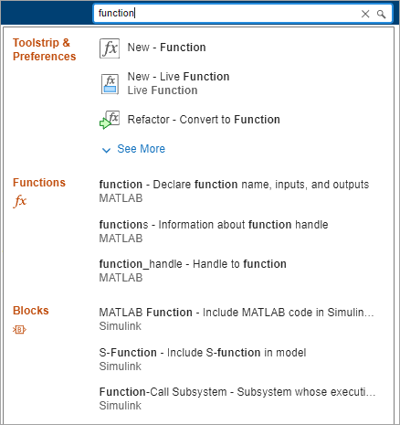 Search box containing the word function and a list of search results including toolstrip actions, functions, and blocks