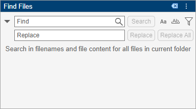 Find Files panel with a search box, a replace box, and options to match the case of the search text, match the whole word, and filter results