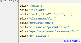 Command Window showing a partially completed call to the edit function and a tooltip showing the basic syntax information for the function