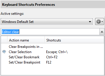 Keyboard Shortcuts Preferences page with shortcut search results