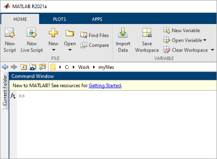 MATLAB desktop with the Current Folder browser minimized