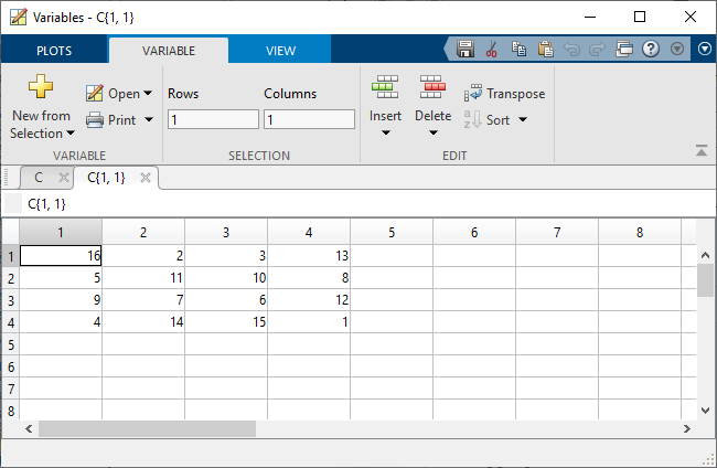 Variables editor showing C{1,1}