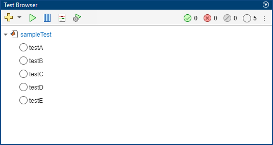 Test Browser showing five tests from the sampleTest.m file