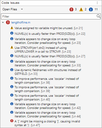 Code Issues panel showing 0 errors and 13 warnings found in the lengthofline.m file. The MATLAB Online desktop right sidebar shows the Code Issues icon.