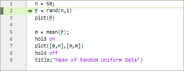 plotRand script with a green arrow and green highlighting on line 2, indicating that MATLAB is paused at line 2