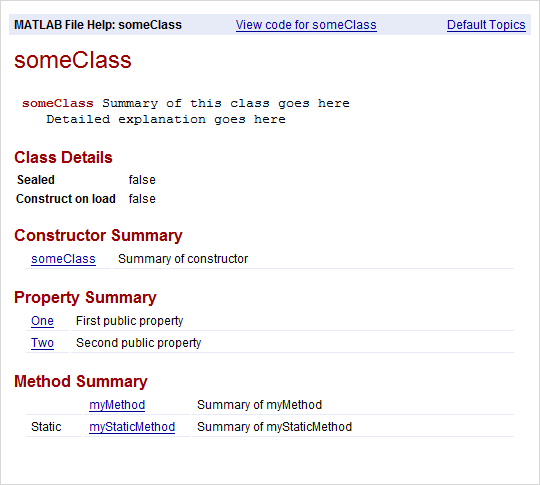 Help text for someClass including the class name, class summary and detailed explanation, class details, list of constructors, list of public properties, and list of methods