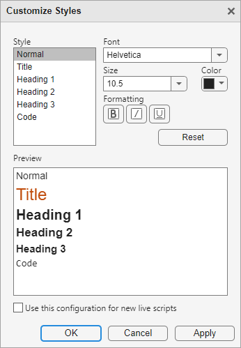 Customize Styles dialog box showing the selected Font, Size, Color, and Formatting for the Normal text style, and a preview of all the styles