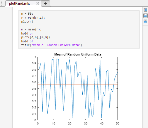 Live script named plotRand.mlx with code at the top and the resulting output under the line that creates it