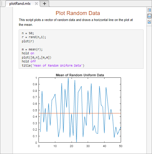 Live script named plotRand.mlx with the centered title Plot Random Data and a line of introductory text, followed by code and its output