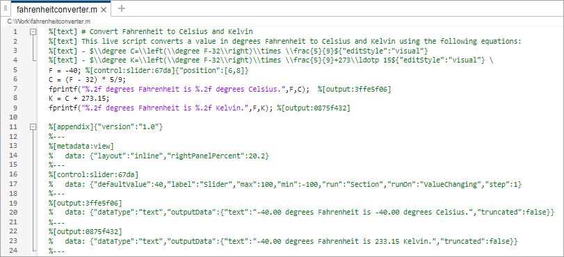 Plain text Live Code file (.m) open in the Editor. The file appears as plain text with code and commented markup.