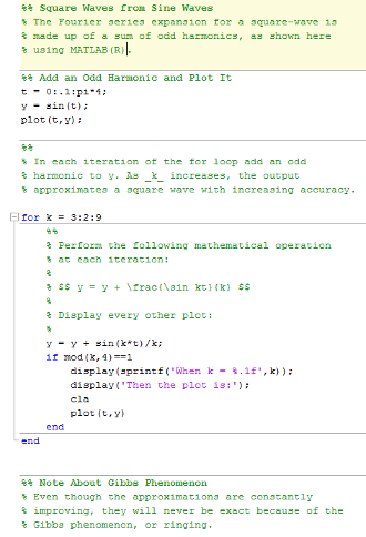 Code with green comments that include markup for a title, subheadings, and an equation