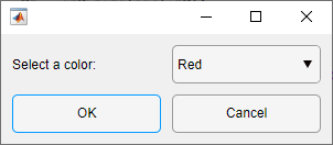 UI figure window with a label, drop-down component, and two buttons. The OK button has a blue focus ring.