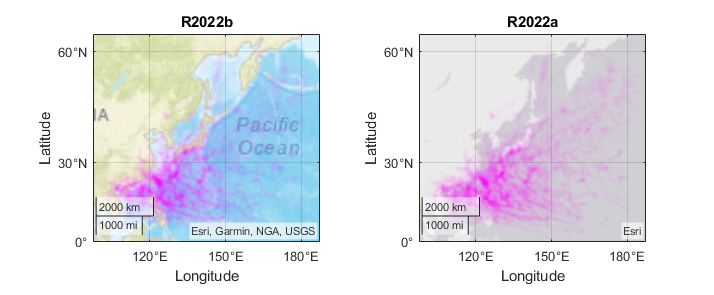 Two geographic plots. The first plot was created in R2022b, and it displays the specified streets basemap. The second plot was created in R2022a, and it displays the streets-light basemap.