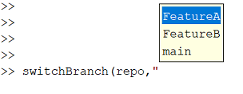 switchBranch command in the Command Window with tab completion applied on the branch name argument. Tab completion lists three local branches.