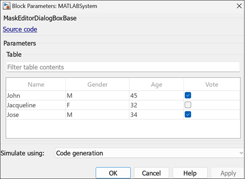 Table showing four columns
