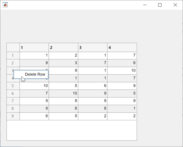 UI figure window with a table. A context menu with a "Delete Row" item is visible over a table row header and the pointer is pointing to the menu item.