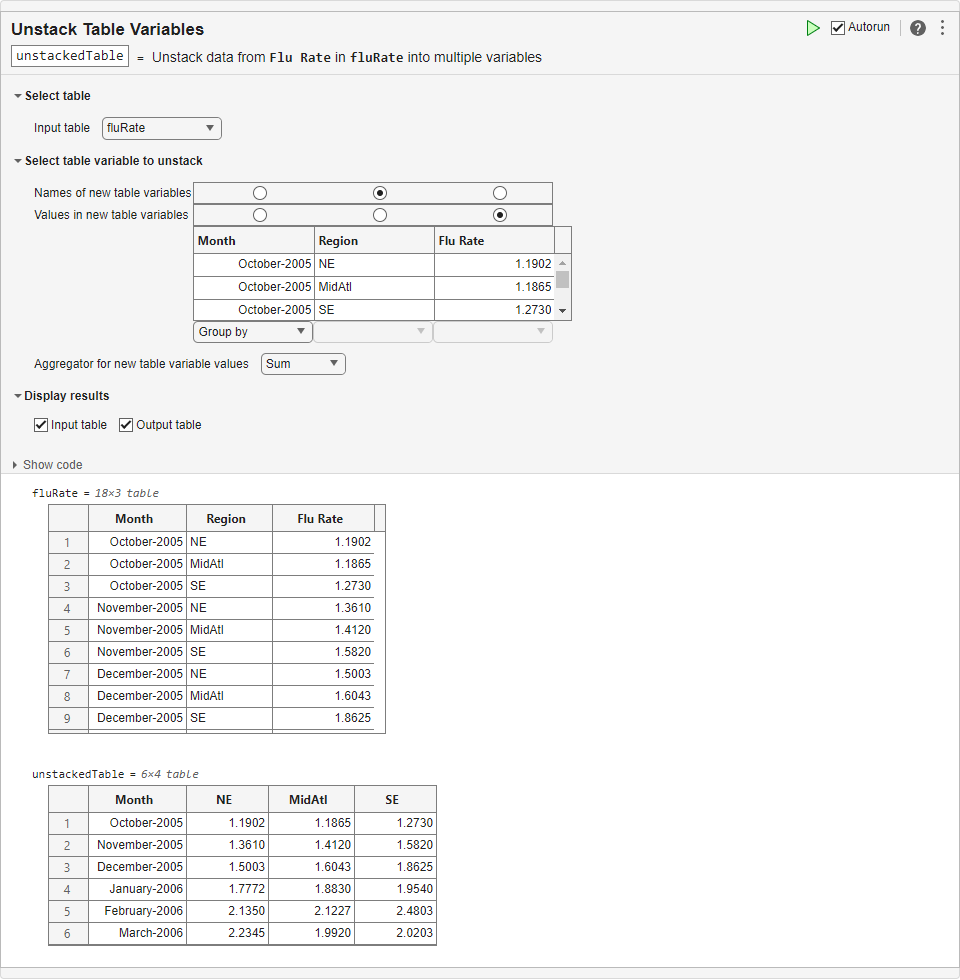 table matlab