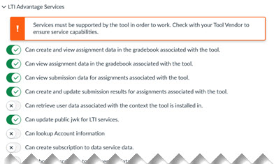 LTI Advantage Services selection screen with the required services selected.