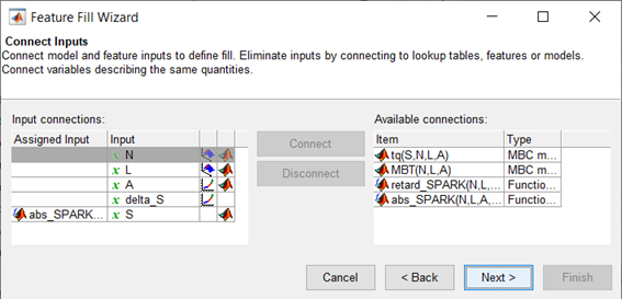Feature Fill Wizard dialog showing input connections on the left and available connections on the right with options to connect or disconnect.