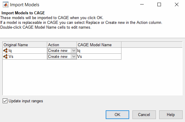Create new models from CAGE Import Models dialog box.