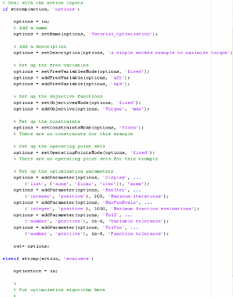 MATLAB code snippet configuring optimization options: sets name, description, free variables (afr, spk), objective function (Torque), constraints (none), operating point sets (none), and optimization parameters (Display, MaxIter, MaxFunEvals, TolX, TolFun). Ends with placeholder for optimization algorithm.