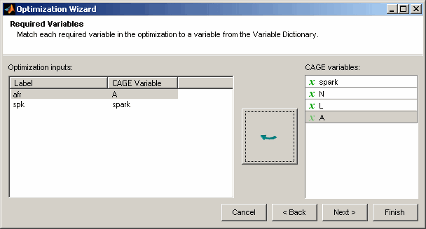 Optimization Wizard window for Required Variables. Shows mapping of optimization inputs ‘afr’ to variable ‘A’ and ‘spk’ to variable ‘spark’. Right panel lists available CAGE variables: spark, N, L, A.