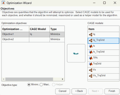 Optimization Wizard dialog box displaying the Objectives pages.