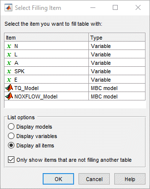 Select Filling Item dialog showing items N, L, A, SPK, E as Variables and TQ_Model, NOXFLOW_Model as MBC models, with options to display models, variables, or all items, and a checkbox to hide items filling another table.