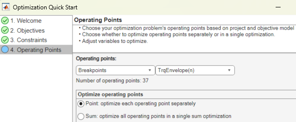 Optimization Quick Start dialog box with operating points defined on the Operating Points page.