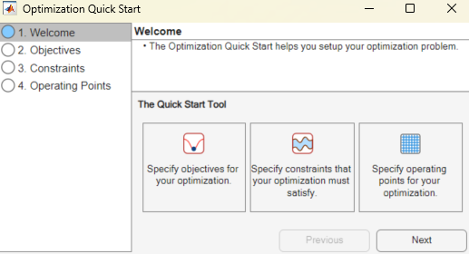 Optimization Quick Start tool welcome page