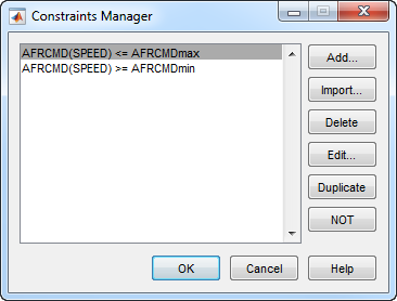 Screenshot of Constraints Manager in MBC showing AFR command constraints for engine speed with options to add, import, edit, or delete constraints.