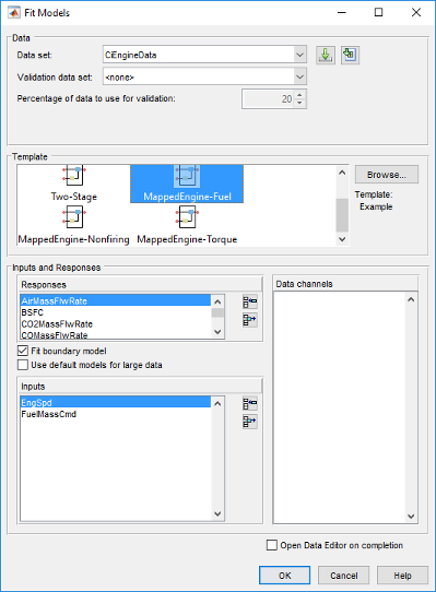 Fit Models dialog showing data set CEngineData and validation options. Template section highlights MappedEngine-Fuel with other options Two-Stage, MappedEngine-Nonfiring, and MappedEngine-Torque. Inputs and Responses section lists responses AirMassFlwRate, BSFC, CO2MassFlwRate, COMassFlwRate and inputs EngSpd, FuelMassCmd.