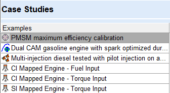 Case studies list with PMSM maximum efficiency calibration selected