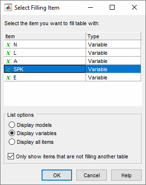 “Select Filling Item dialog showing variables N, L, A, SPK (highlighted), and E, with options to display models, variables (selected), or all items, plus a checkbox to hide items filling another table.