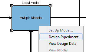 Screenshot of MBC test plan showing Local Model block labeled “Multiple Models” with context menu option to design experiment for engine calibration.