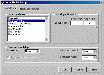 Local Model Setup dialog with Local model class options on the left, ‘Polynomial spline’ selected. Right panel shows model-specific options for spline order: Below knot set to 3 and Above knot set to 2. Bottom section includes covariance modelling settings. Buttons: OK, Cancel, Help.