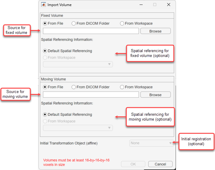 Import Volume dialog box, showing options for importing the fixed and moving volumes, spatial referencing information, and an initial transformation object