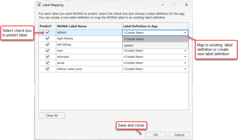 Label Mapping dialog box with callouts to the predict check box, drop down menu for selecting a label definition, and the OK button for saving choices