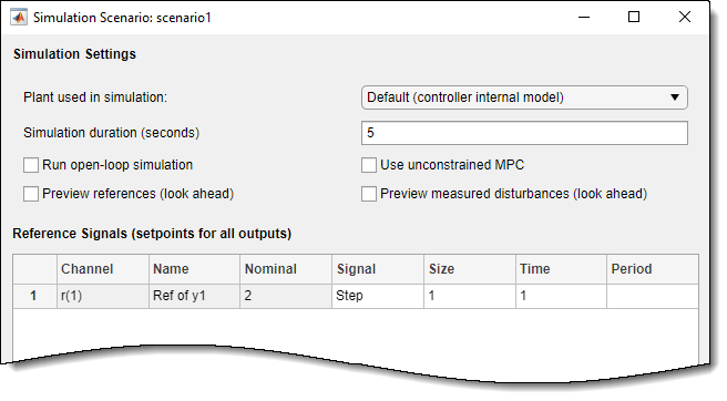 Upper part of the Simulations Scenario dialog box.