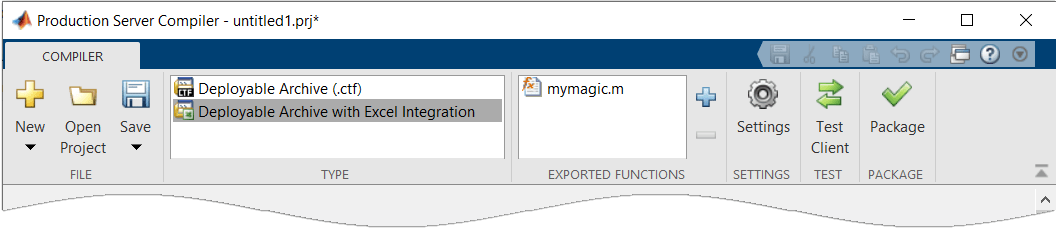 Production Server Compiler app toolstrip, which includes mymagic.m in the Exported Functions section.