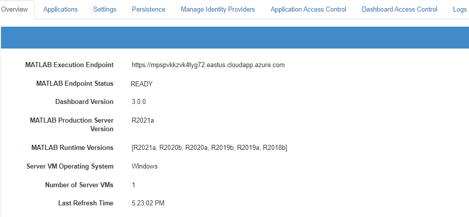 Screen shot of MATLAB Production Server PAYG dashboard overview tab