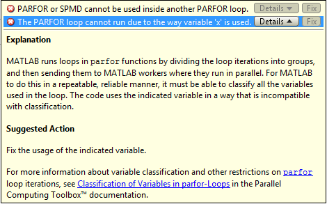 Example MATLAB Code Analyzer messages indicating that parfor or spmd cannot be used inside another parfor loop and that the parfor-loop cannot run due to the way variable x is used.