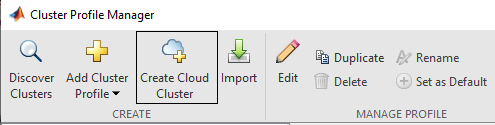 The Cluster Profile Manager menu, showing the Create Cloud Cluster button in the Create section.