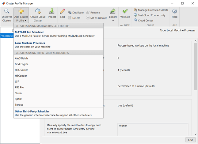 The Cluster Profile Manager, showing the options for adding a cluster profile, including using MATLAB Job Scheduler, Local Machine Processes, and specific and general Third Party Schedulers.